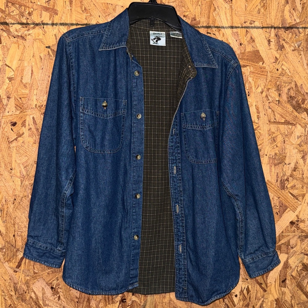 VTG Gnarly Denim Button Shirt Flannel Lined Boys Youth L 14-16 Skater Hipster